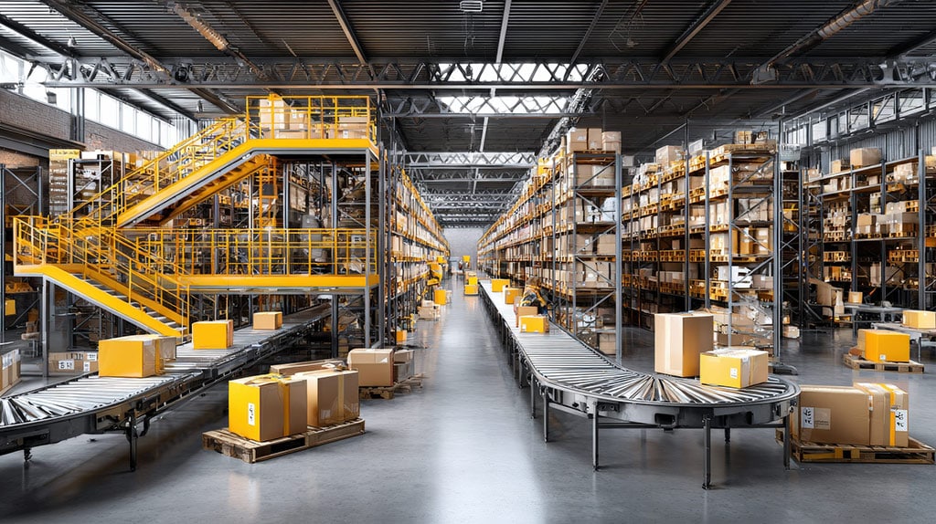 Automated conveyor belts transporting packages in a warehouse