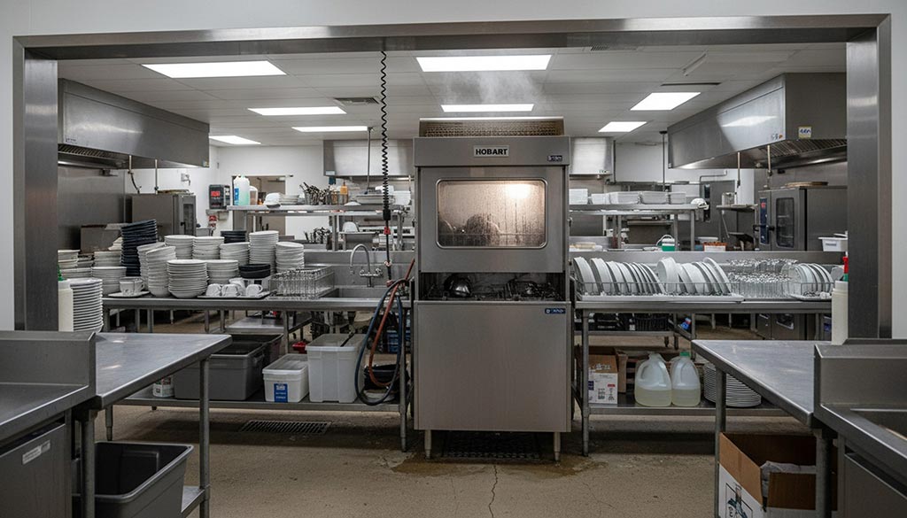 Commercial Kitchen with an oven and dishes stacked up on counters.