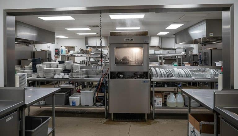 Commercial Kitchen with an oven and dishes stacked up on counters.