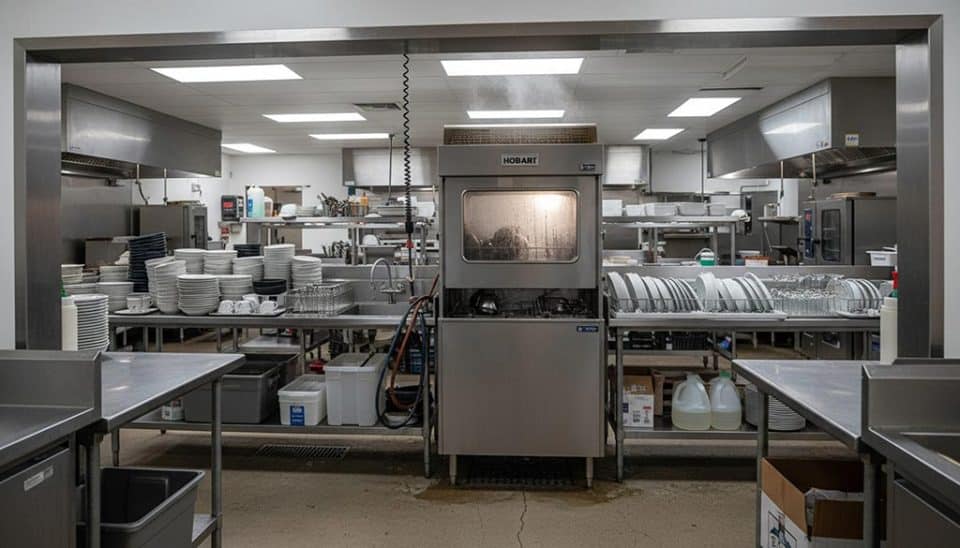 Commercial Kitchen with an oven and dishes stacked up on counters.