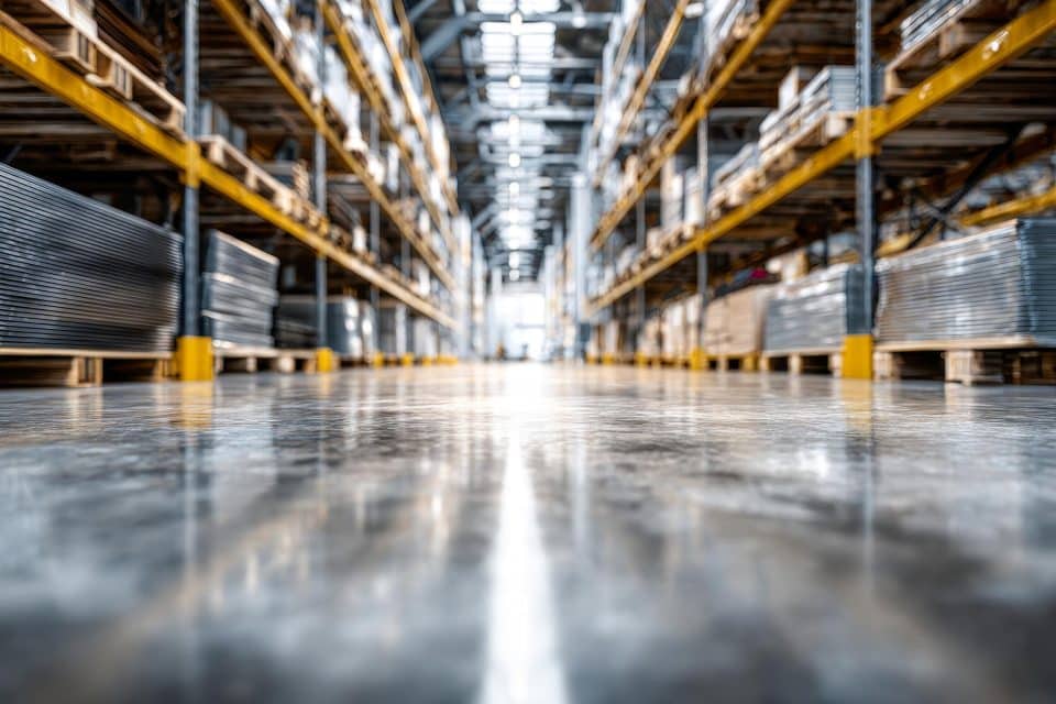 Large row in a warehouse with shelving