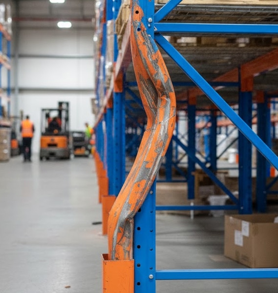 Rack Inspection Services for a piece of damaged industrial warehouse racking