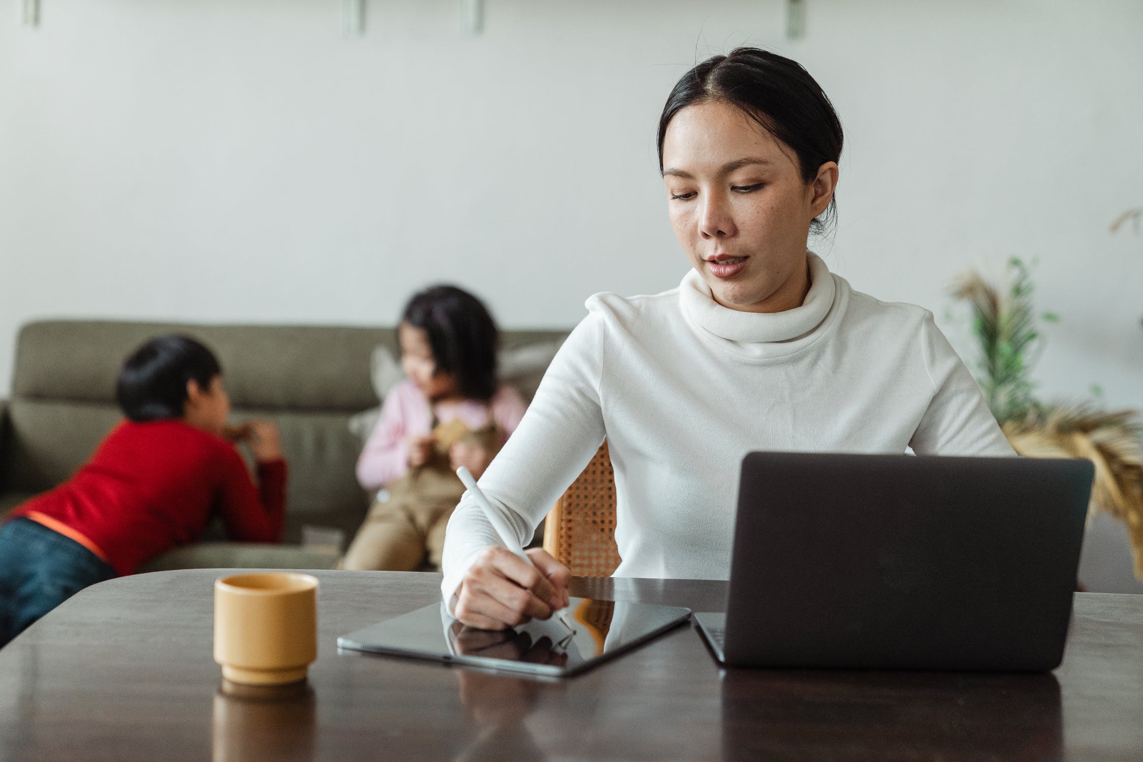 A mother working remotely